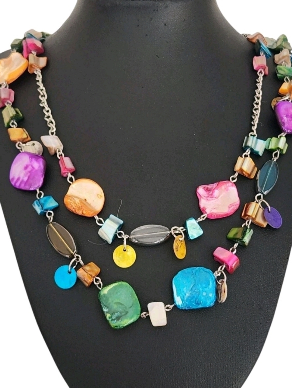 Dyed Mother of Pearl Shell Multicolor Layered Necklace Double Strand Adjustable